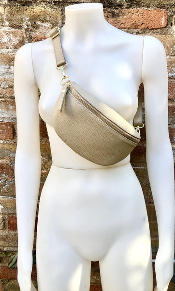 Beige FANNY pack .Small leather crossbody/ hip bag, bum pack bag in GENUINE leather. Beige purse with adjustable strap
