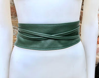 Dark green wrap belt in soft leather. LONGER option. Waist, dress or wraparound belt in dark green genuine leather. Boho green obi belt.