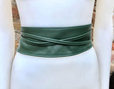 Dark green wrap belt in soft leather. LONGER option. Waist, dress or wraparound belt in dark green genuine leather. Boho green obi belt.