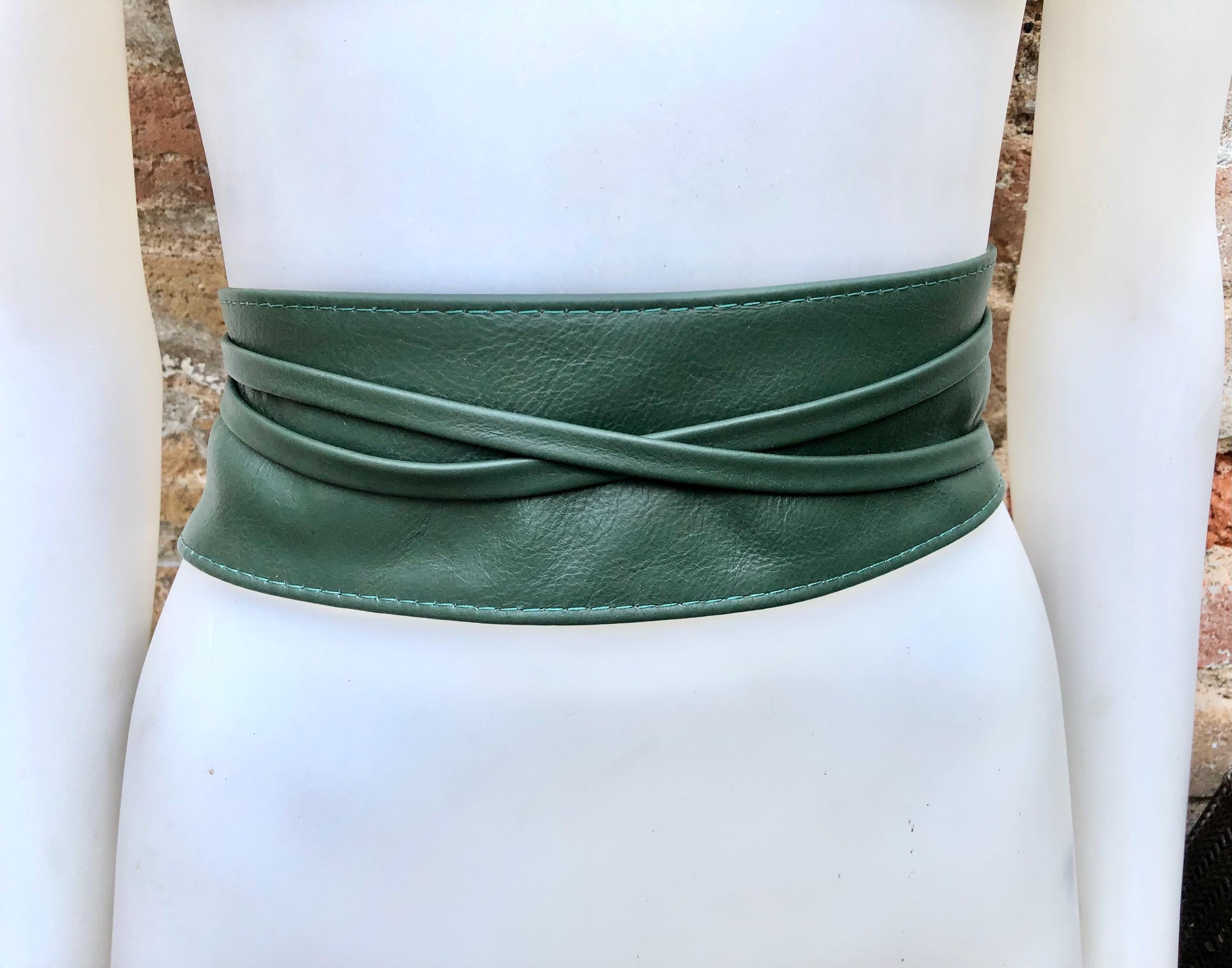 Dark green wrap belt in soft leather. LONGER option. Waist, dress or wraparound belt in dark green genuine leather. Boho green obi belt.