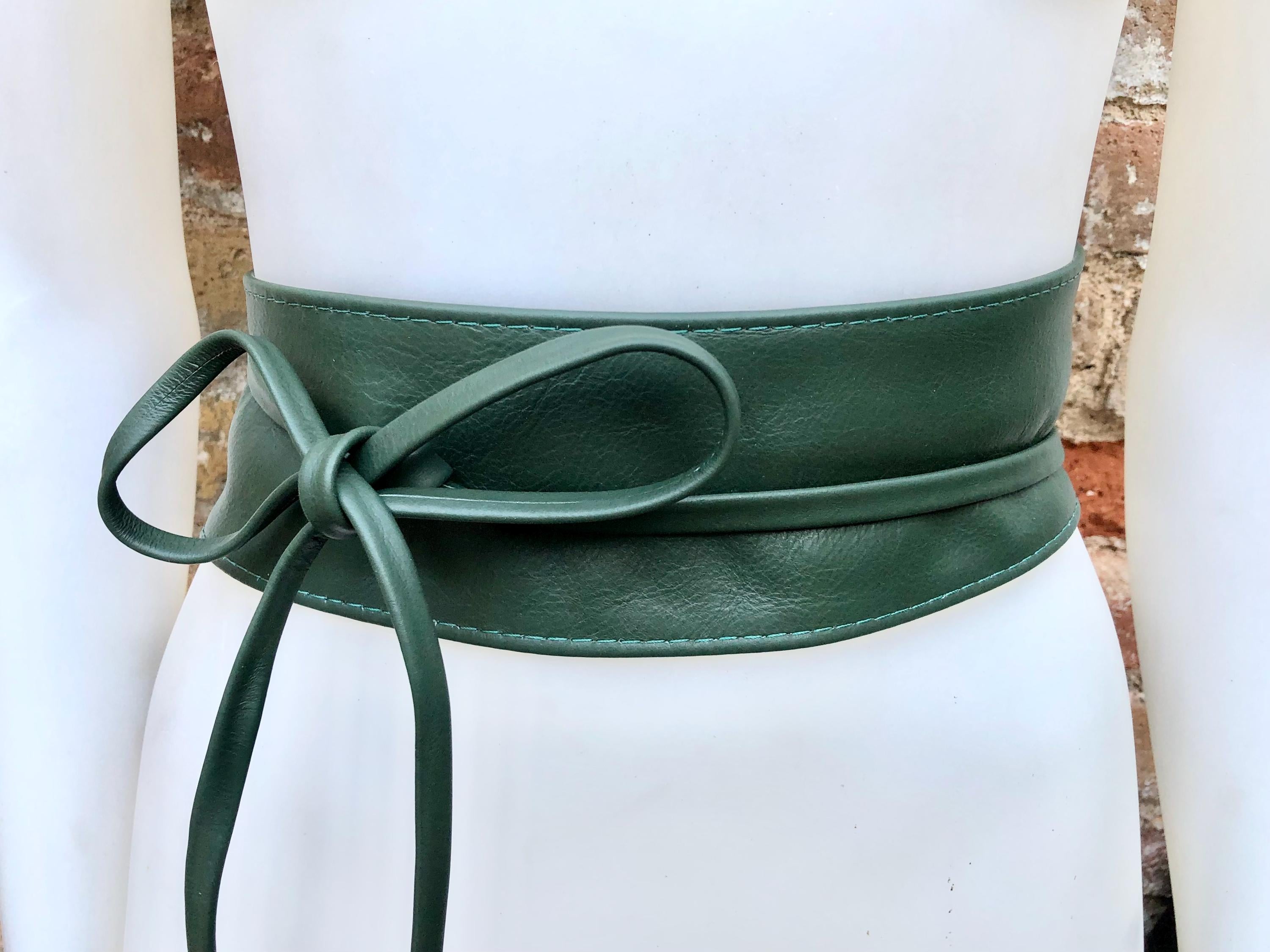 Dark green wrap belt in soft leather. LONGER option. Waist, dress or wraparound belt in dark green genuine leather. Boho green obi belt.