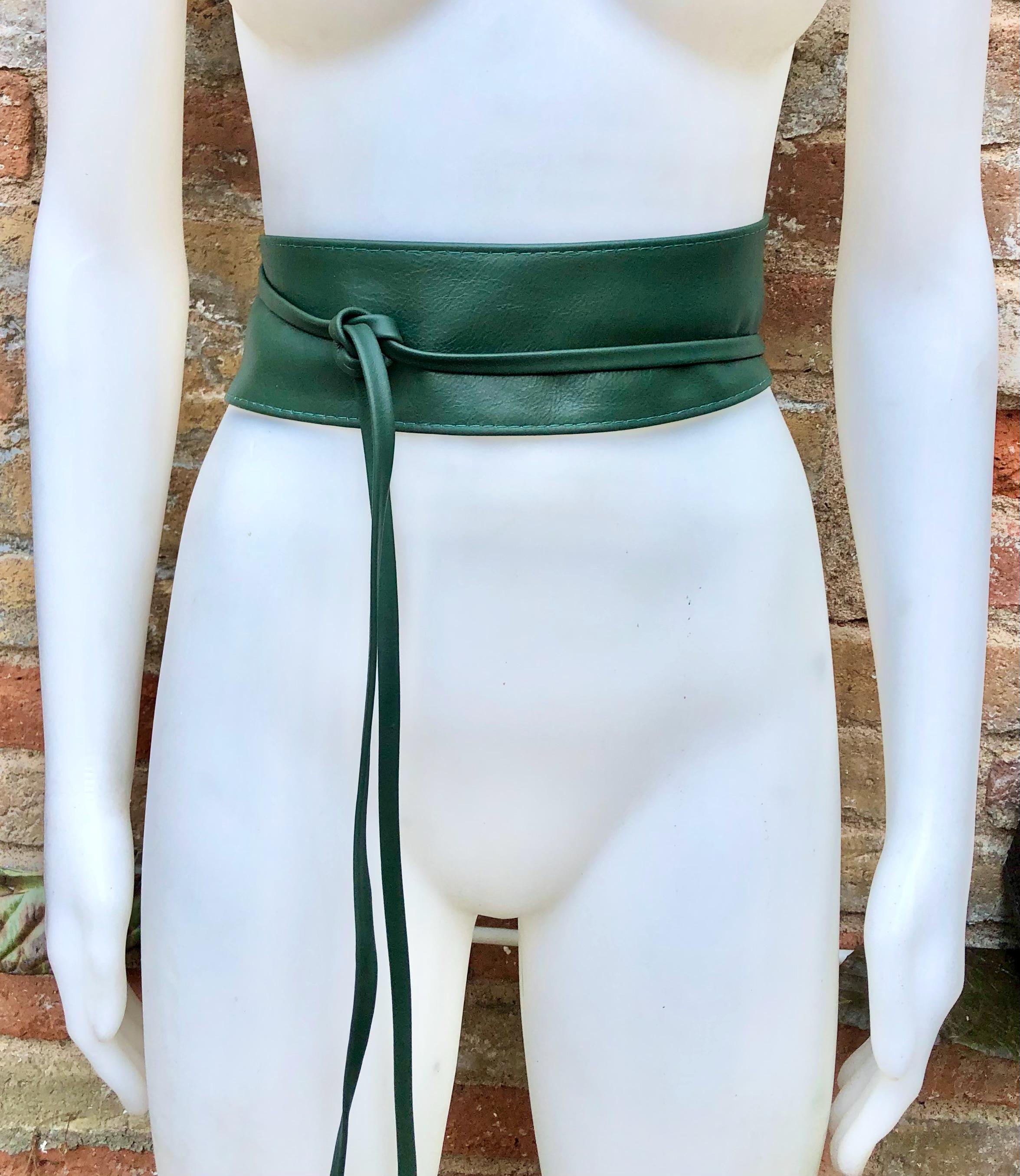 Dark green wrap belt in soft leather. LONGER option. Waist, dress or wraparound belt in dark green genuine leather. Boho green obi belt.