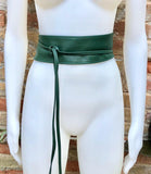 Dark green wrap belt in soft leather. LONGER option. Waist, dress or wraparound belt in dark green genuine leather. Boho green obi belt.
