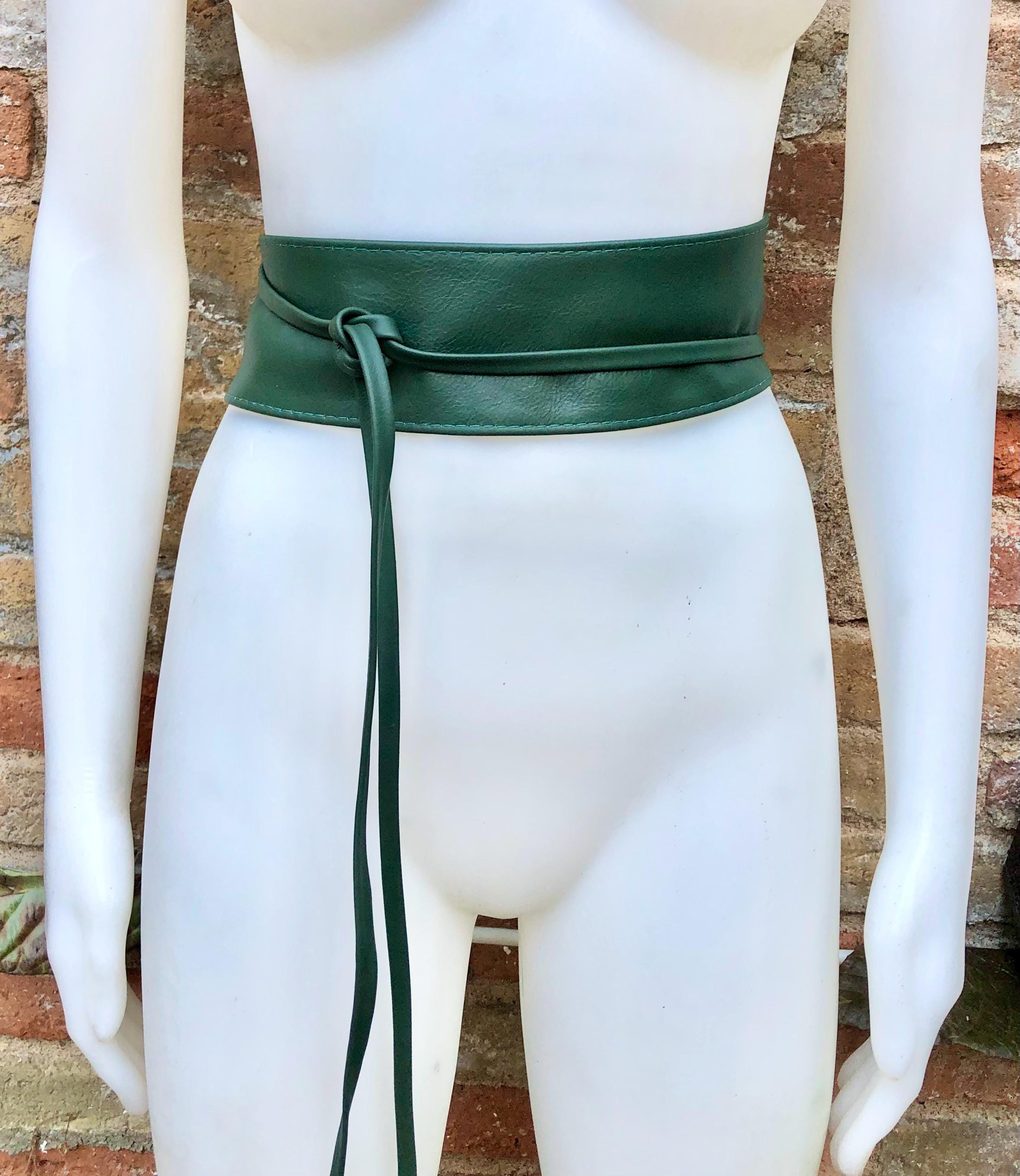 Dark green wrap belt in soft leather. LONGER option. Waist, dress or wraparound belt in dark green genuine leather. Boho green obi belt.