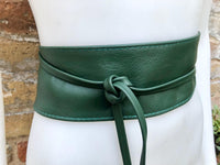Dark green wrap belt in soft leather. LONGER option. Waist, dress or wraparound belt in dark green genuine leather. Boho green obi belt.