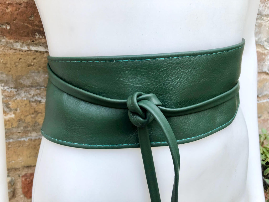 Dark green wrap belt in soft leather. LONGER option. Waist, dress or wraparound belt in dark green genuine leather. Boho green obi belt.
