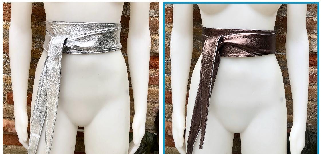 2 sided BRONZE - SILVER obi belt. Soft genuine leather wrap belt. Wide wraparound waist belt. Boho dress belt in metallic effect leather.