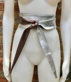 2 sided BRONZE - SILVER obi belt. Soft genuine leather wrap belt. Wide wraparound waist belt. Boho dress belt in metallic effect leather.
