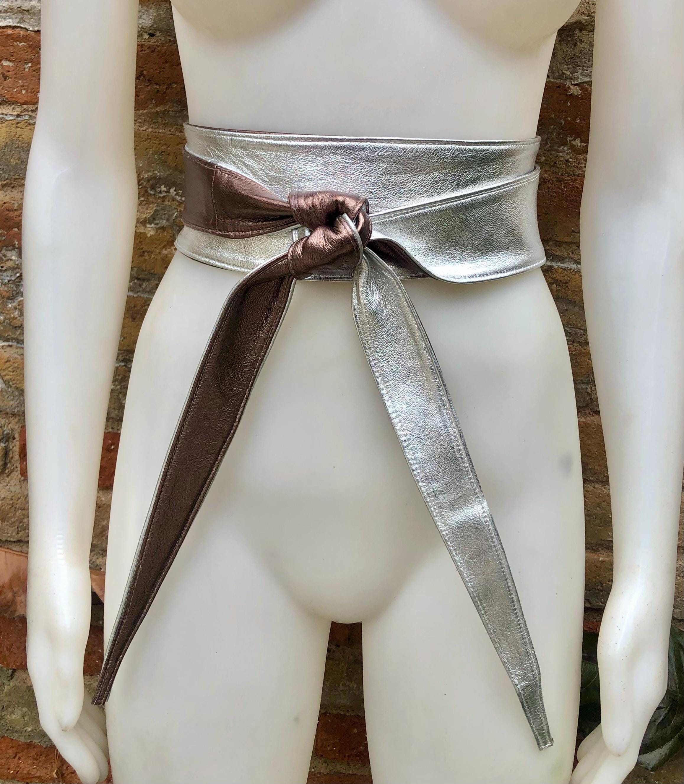 2 sided BRONZE - SILVER obi belt. Soft genuine leather wrap belt. Wide wraparound waist belt. Boho dress belt in metallic effect leather.