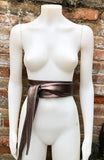 2 sided BRONZE - SILVER obi belt. Soft genuine leather wrap belt. Wide wraparound waist belt. Boho dress belt in metallic effect leather.