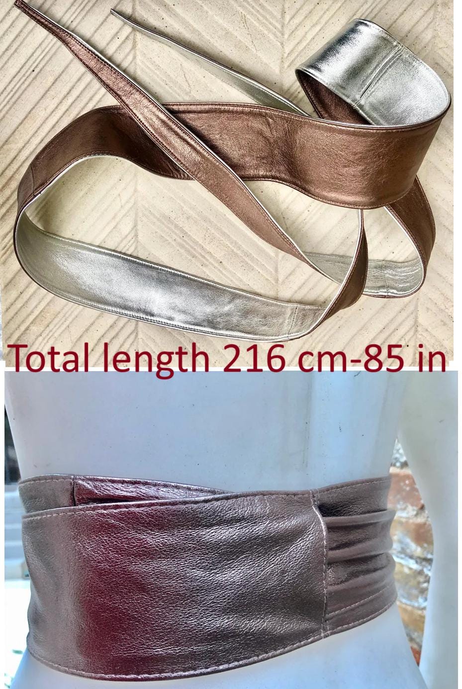 2 sided BRONZE - SILVER obi belt. Soft genuine leather wrap belt. Wide wraparound waist belt. Boho dress belt in metallic effect leather.