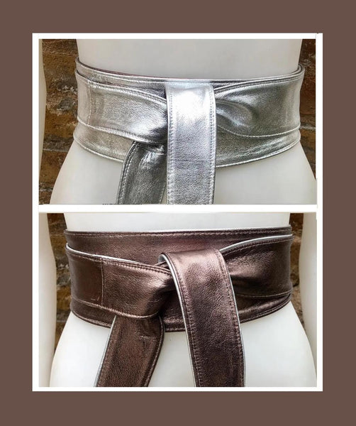 2 sided BRONZE - SILVER obi belt. Soft genuine leather wrap belt. Wide wraparound waist belt. Boho dress belt in metallic effect leather.