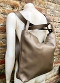 Light brown genuine leather rucksack/ shoulder bag . Taupe color genuine leather shopper. Dark beige carry all / backpack- Greyge purse