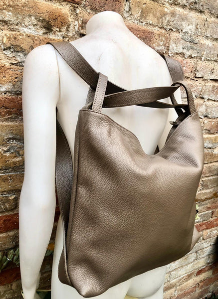 Light brown genuine leather rucksack/ shoulder bag . Taupe color genuine leather shopper. Dark beige carry all / backpack- Greyge purse