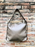 Light brown genuine leather rucksack/ shoulder bag . Taupe color genuine leather shopper. Dark beige carry all / backpack- Greyge purse