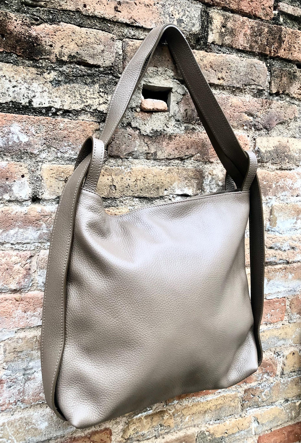Light brown genuine leather rucksack/ shoulder bag . Taupe color genuine leather shopper. Dark beige carry all / backpack- Greyge purse