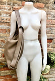 Light brown genuine leather rucksack/ shoulder bag . Taupe color genuine leather shopper. Dark beige carry all / backpack- Greyge purse