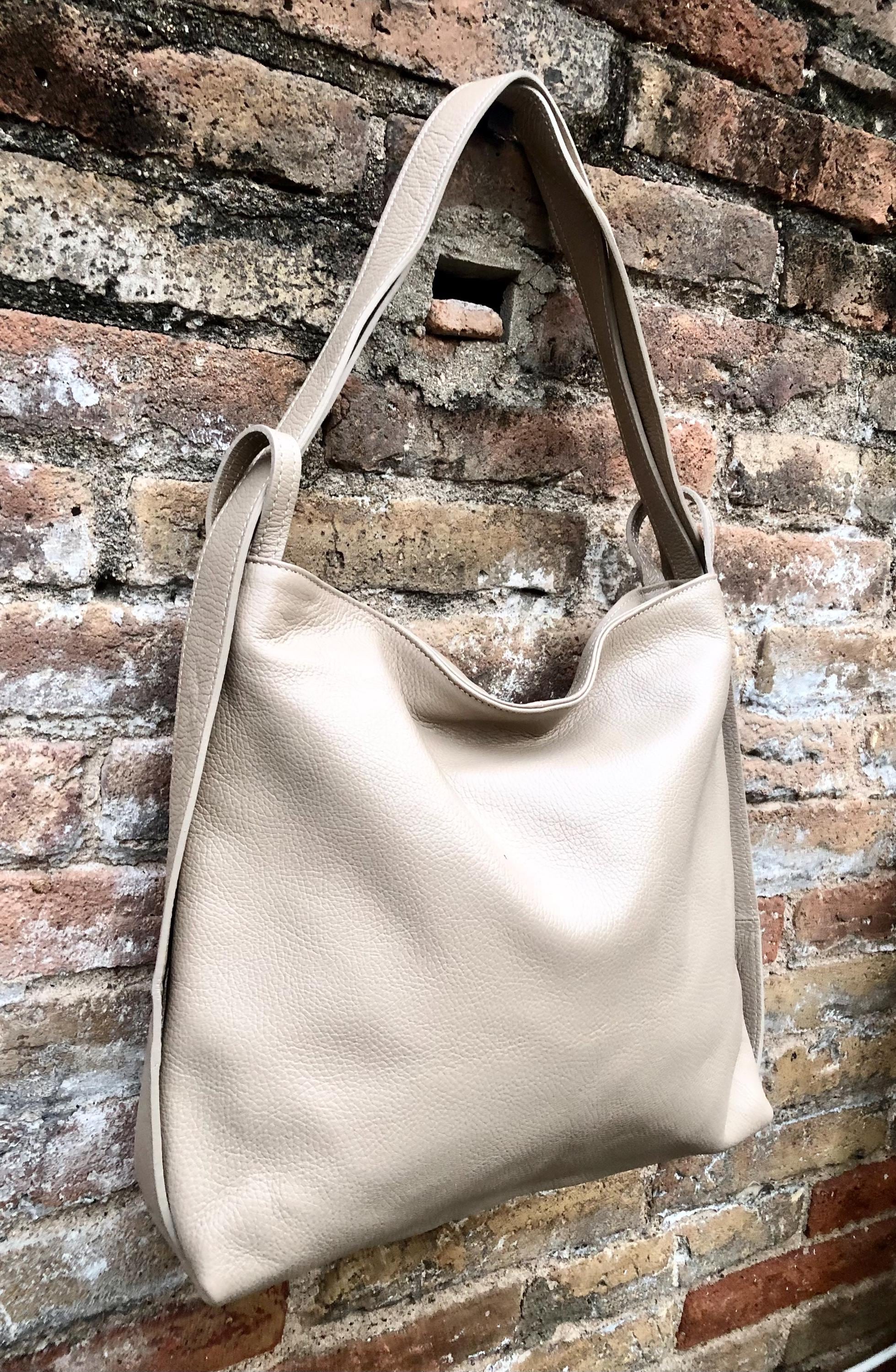 Beige genuine leather rucksack/ shoulder bag.Cream color genuine leather shopper.Beige carry all / backpack- Light beige large leather purse