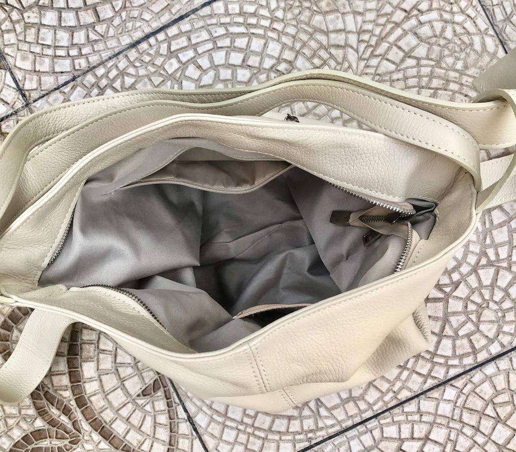 Beige genuine leather rucksack/ shoulder bag.Cream color genuine leather shopper.Beige carry all / backpack- Light beige large leather purse