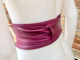 Plum obi belt. Wrap belt in soft genuine leather. Wraparound waist belt. Wide style. Burgundy boho dress belt. Wine red overall belt.