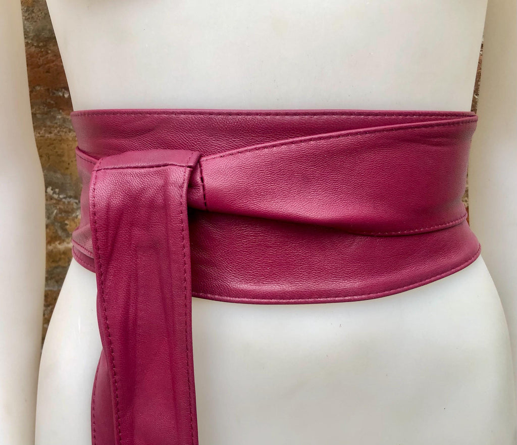 Plum obi belt. Wrap belt in soft genuine leather. Wraparound waist belt. Wide style. Burgundy boho dress belt. Wine red overall belt.