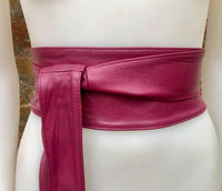 Plum obi belt. Wrap belt in soft genuine leather. Wraparound waist belt. Wide style. Burgundy boho dress belt. Wine red overall belt.