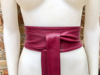 Plum obi belt. Wrap belt in soft genuine leather. Wraparound waist belt. Wide style. Burgundy boho dress belt. Wine red overall belt.