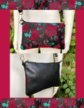 2 sided small BLACK leather bag. Red roses flock print. Crossbody / shoulder bag in GENUINE leather. Black and red leather purse