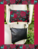2 sided small BLACK leather bag. Red roses flock print. Crossbody / shoulder bag in GENUINE leather. Black and red leather purse