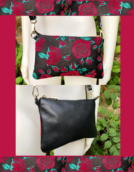 2 sided small BLACK leather bag. Red roses flock print. Crossbody / shoulder bag in GENUINE leather. Black and red leather purse