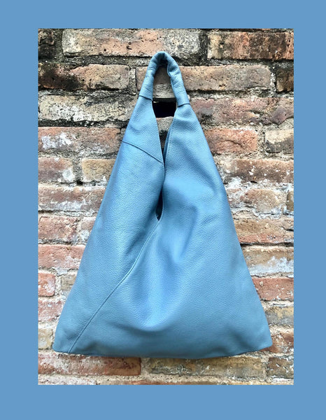 Slouch leather bag in blue - gray. Large shoulder leather bag. Origami boho bag. Large denim blue GENUINE leather purse. Blue shopper bag