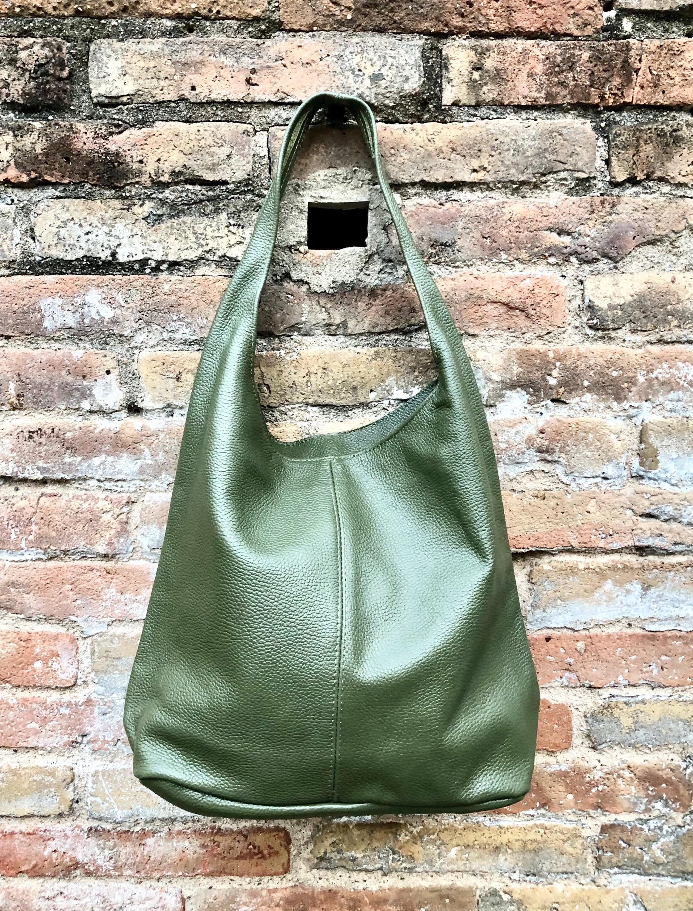 Slouch bag. Tote leather bag in dark khaki green with ZIPPER. Soft genuine leather. Green leather purse. Wide strap leather shoulder bag.