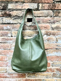 Slouch bag. Tote leather bag in dark khaki green with ZIPPER. Soft genuine leather. Green leather purse. Wide strap leather shoulder bag.