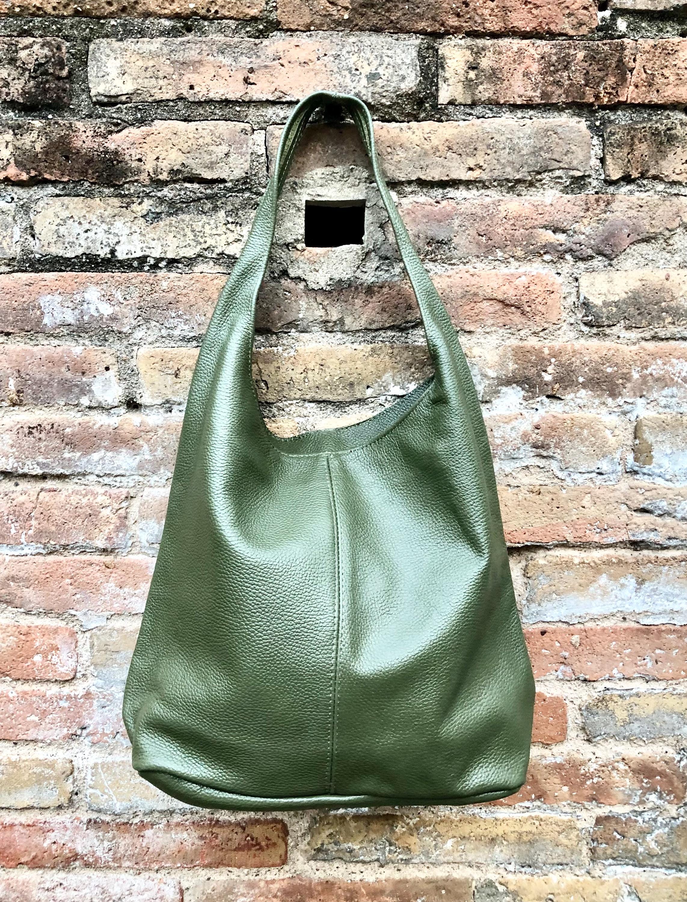 Slouch bag. Tote leather bag in dark khaki green with ZIPPER. Soft genuine leather. Green leather purse. Wide strap leather shoulder bag.