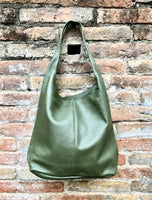 Slouch bag. Tote leather bag in dark khaki green with ZIPPER. Soft genuine leather. Green leather purse. Wide strap leather shoulder bag.