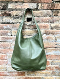 Slouch bag. Tote leather bag in dark khaki green with ZIPPER. Soft genuine leather. Green leather purse. Wide strap leather shoulder bag.