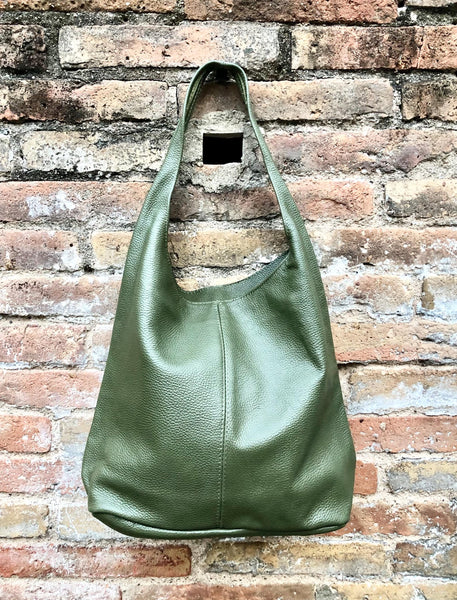 Slouch bag. Tote leather bag in dark khaki green with ZIPPER. Soft genuine leather. Green leather purse. Wide strap leather shoulder bag.