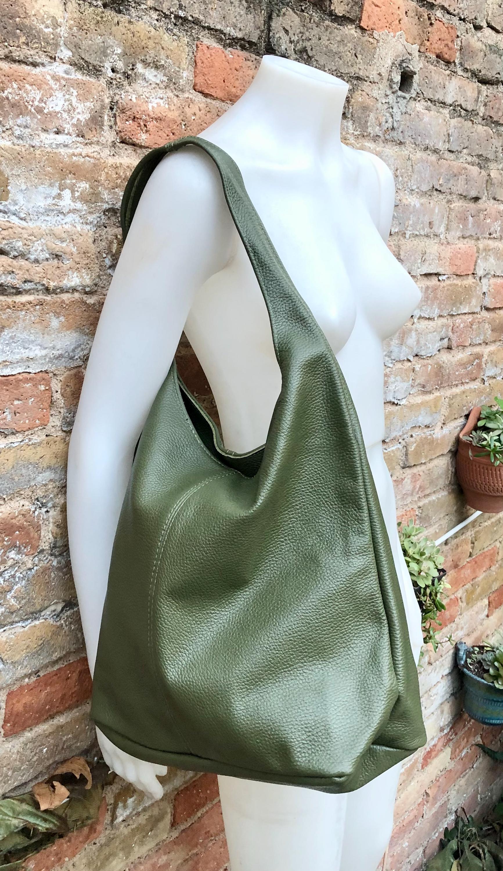 Slouch bag. Tote leather bag in dark khaki green with ZIPPER. Soft genuine leather. Green leather purse. Wide strap leather shoulder bag.