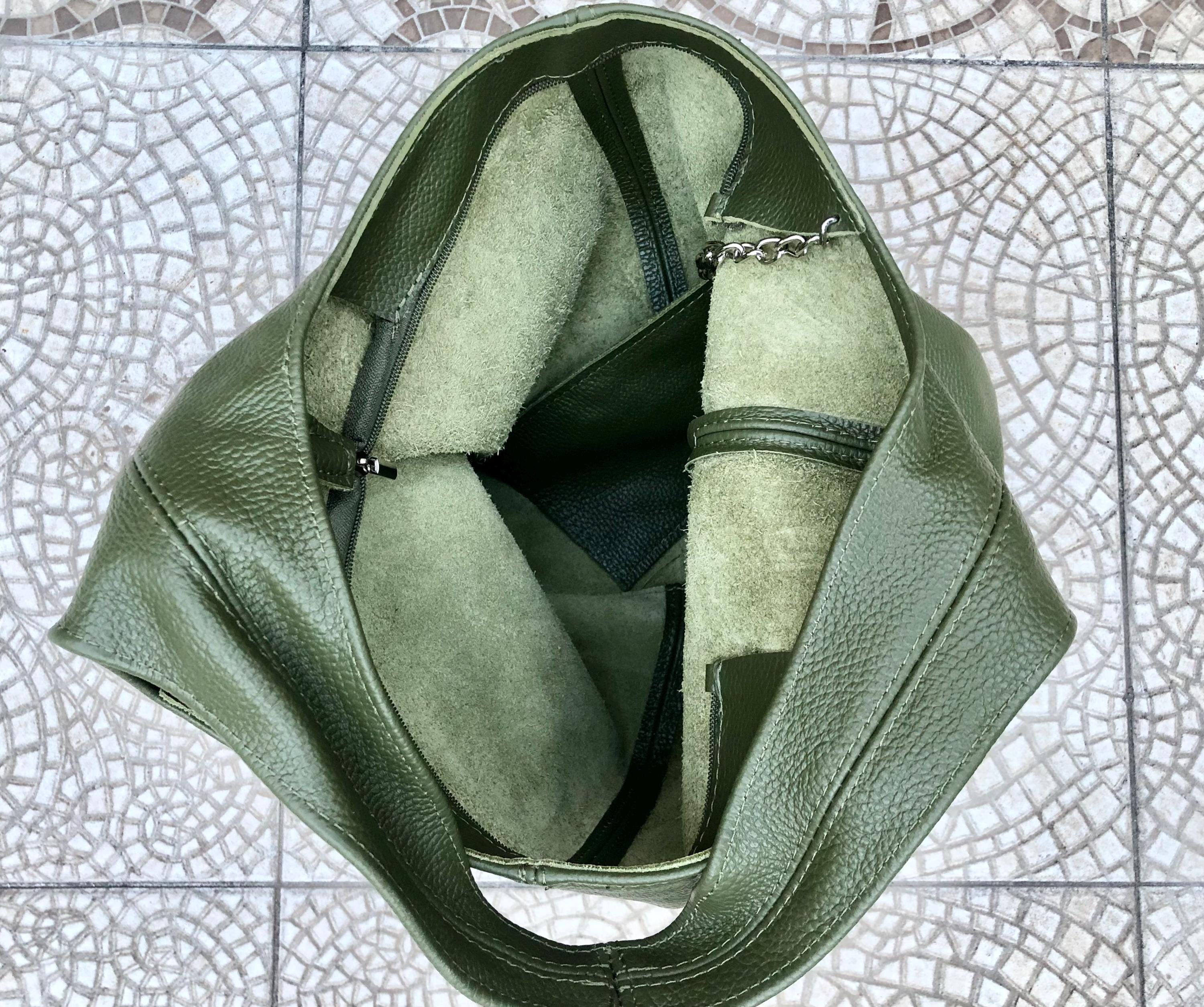 Slouch bag. Tote leather bag in dark khaki green with ZIPPER. Soft genuine leather. Green leather purse. Wide strap leather shoulder bag.