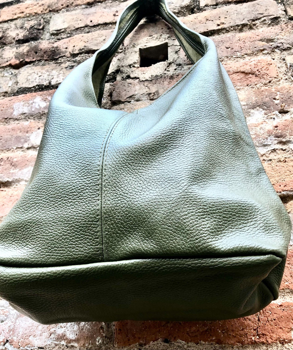 Slouch bag. Tote leather bag in dark khaki green with ZIPPER. Soft genuine leather. Green leather purse. Wide strap leather shoulder bag.