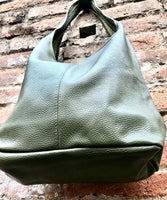 Slouch bag. Tote leather bag in dark khaki green with ZIPPER. Soft genuine leather. Green leather purse. Wide strap leather shoulder bag.