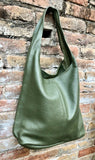 Slouch bag. Tote leather bag in dark khaki green with ZIPPER. Soft genuine leather. Green leather purse. Wide strap leather shoulder bag.