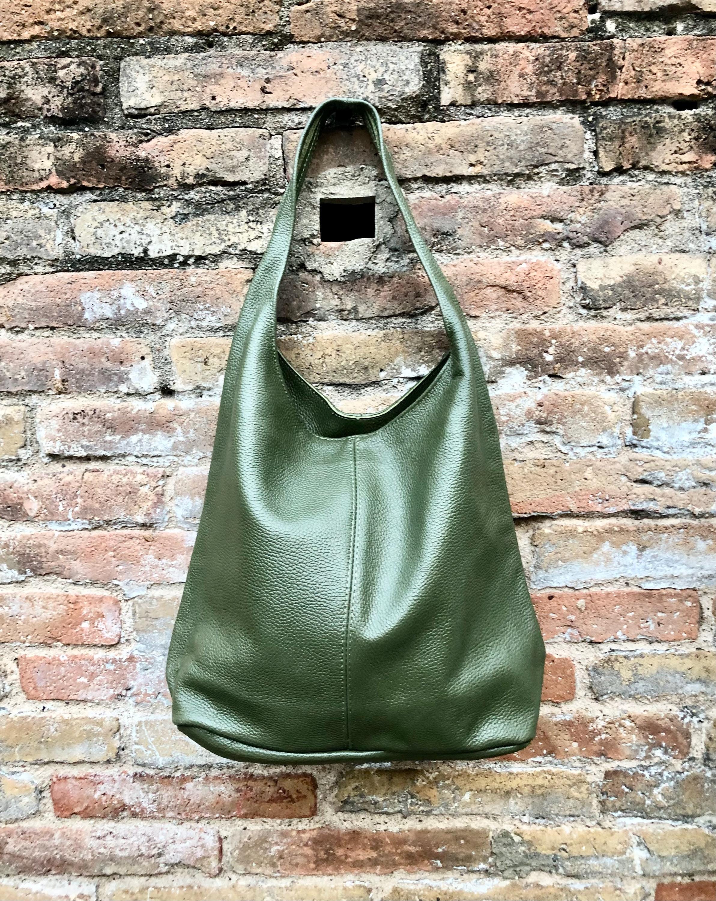 Slouch bag. Tote leather bag in dark khaki green with ZIPPER. Soft genuine leather. Green leather purse. Wide strap leather shoulder bag.