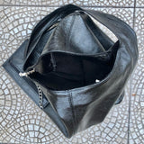 Slouch bag. Tote leather bag in black metallic leather with ZIPPER. Genuine leather. Black leather purse. Metallic leather shoulder bag