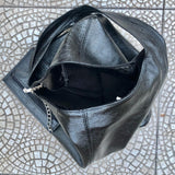 Slouch bag. Tote leather bag in black metallic leather with ZIPPER. Genuine leather. Black leather purse. Metallic leather shoulder bag
