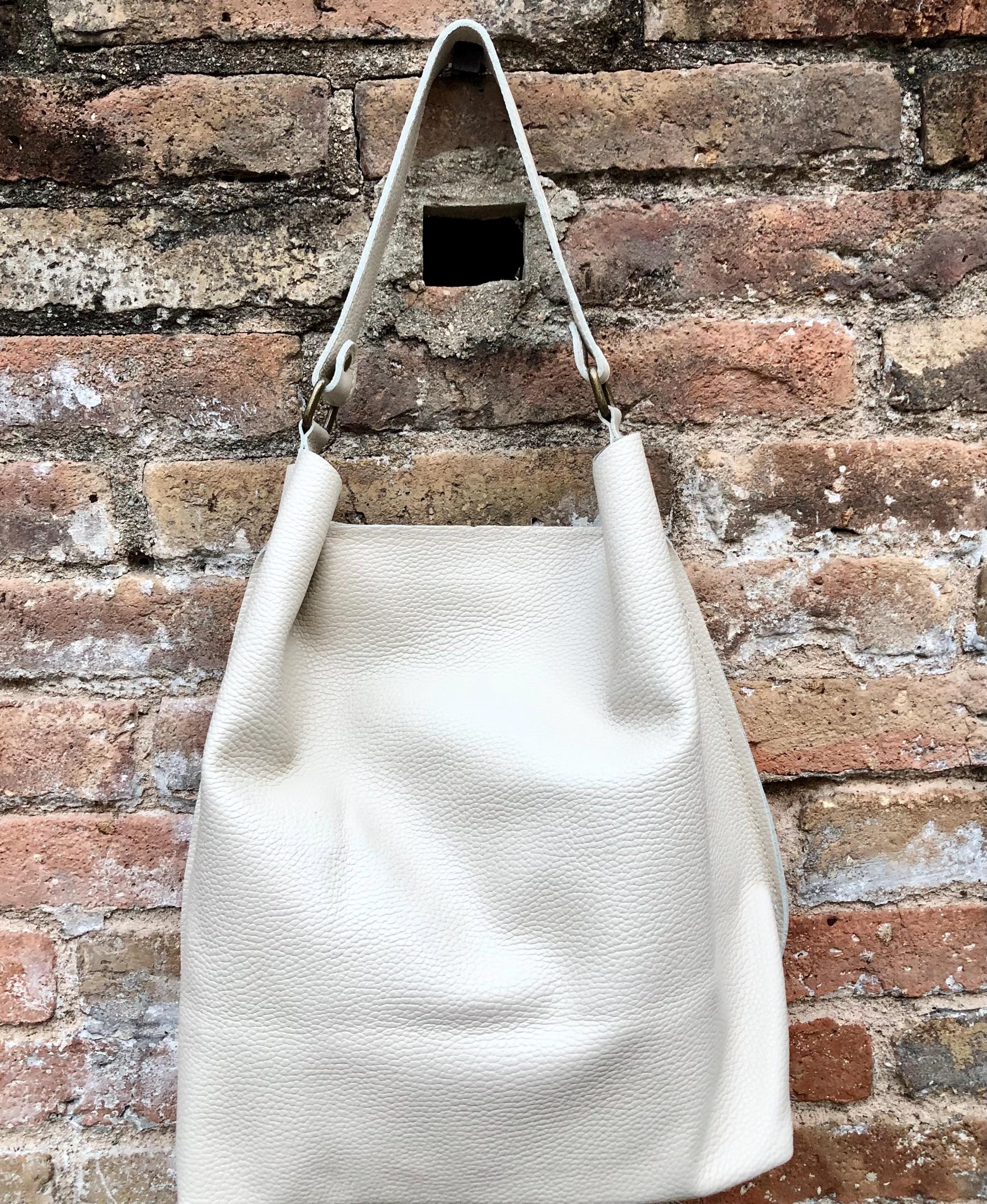 Slouch leather shopper bag in creamy white. Very light beige hobo shoulder bag. Genuine leather book / tablet bag. Cream leather purse