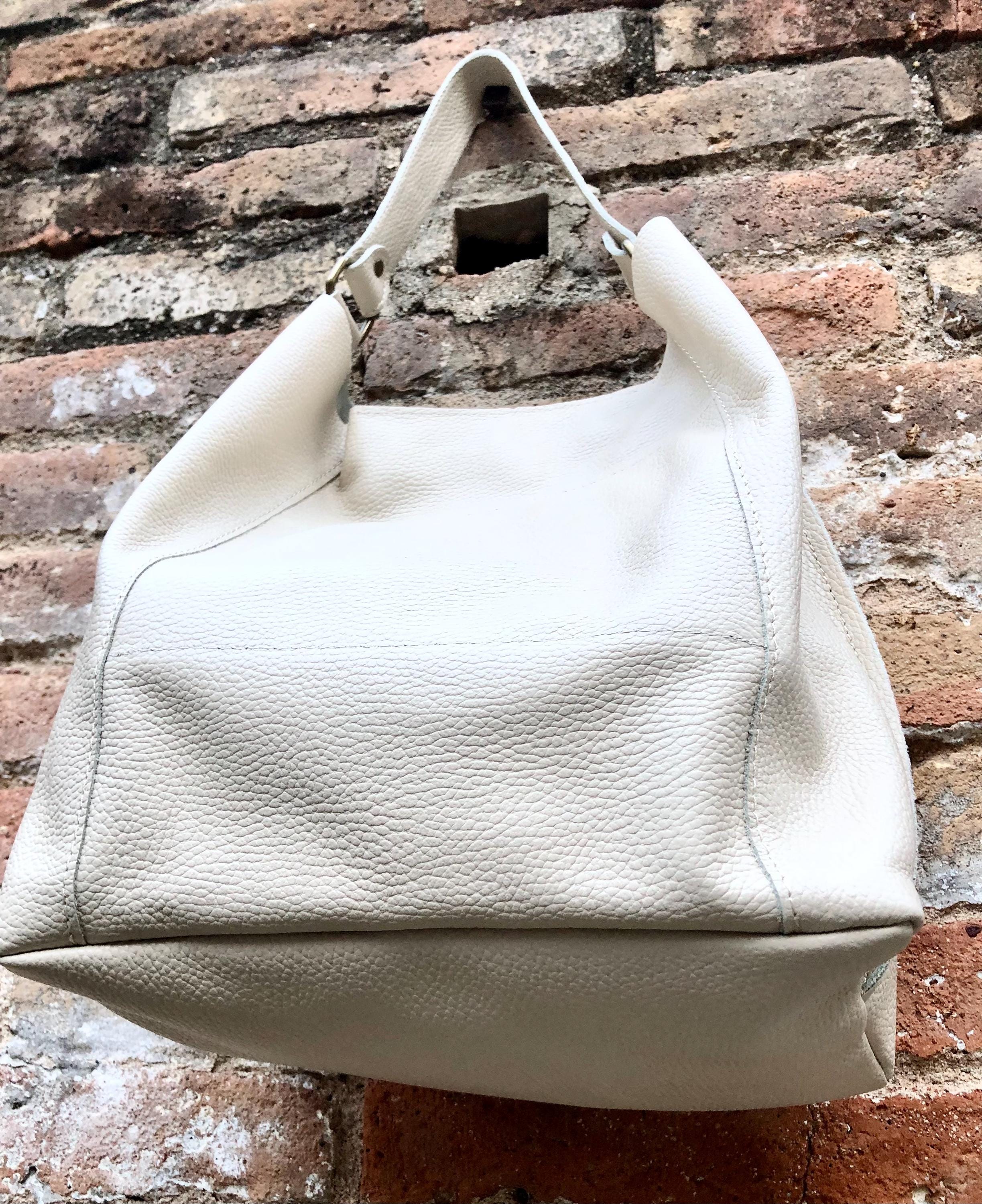 Slouch leather shopper bag in creamy white. Very light beige hobo shoulder bag. Genuine leather book / tablet bag. Cream leather purse