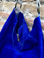 Slouch leather bag in cobalt BLUE genuine leather. Soft suede hobo bag for books / tablets. Blue soft leather shopper. Silver strap