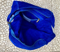 Slouch leather bag in cobalt BLUE genuine leather. Soft suede hobo bag for books / tablets. Blue soft leather shopper. Silver strap