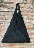 Slouch leather bag in BLACK suede . Large shoulder bag in genuine leather. Suede origami bag . Black suede shopper bag. Black leather purse